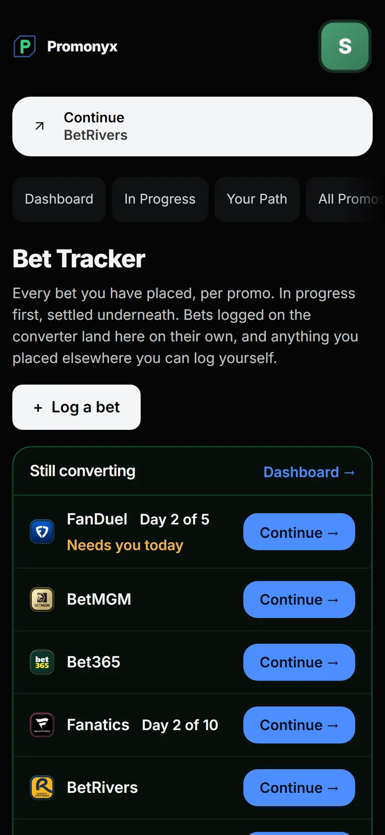 The Promonyx bet tracker